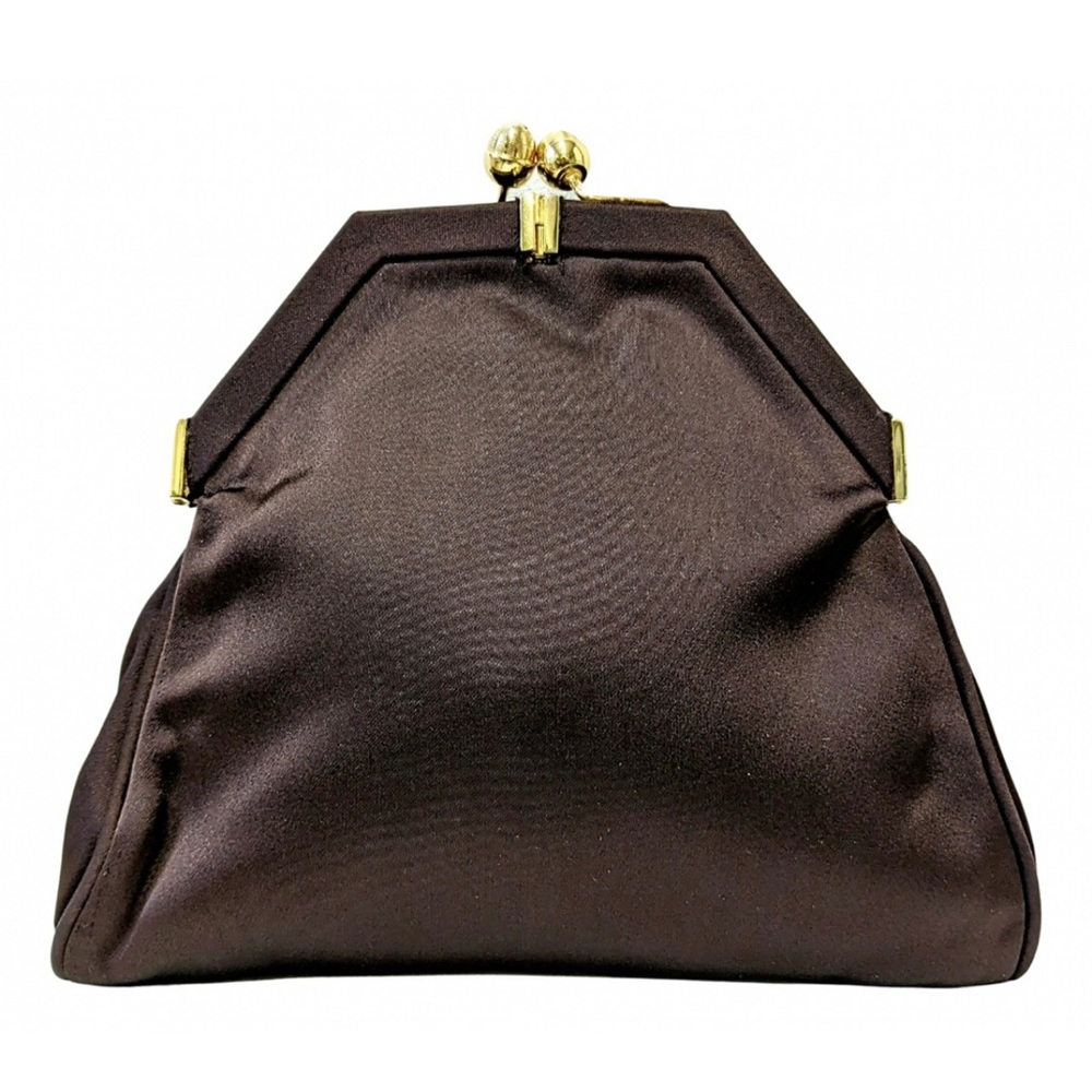 YVES SAINT LAURENT Vintage Brown Silk Satin Clutch Bag Gold Clasp Mint Condition